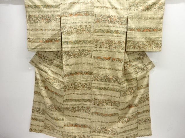 JAPANESE KIMONO / SILK / HAND WOVEN / MAWATA TSUMUGI / STRIPE & FLORAL SARASA